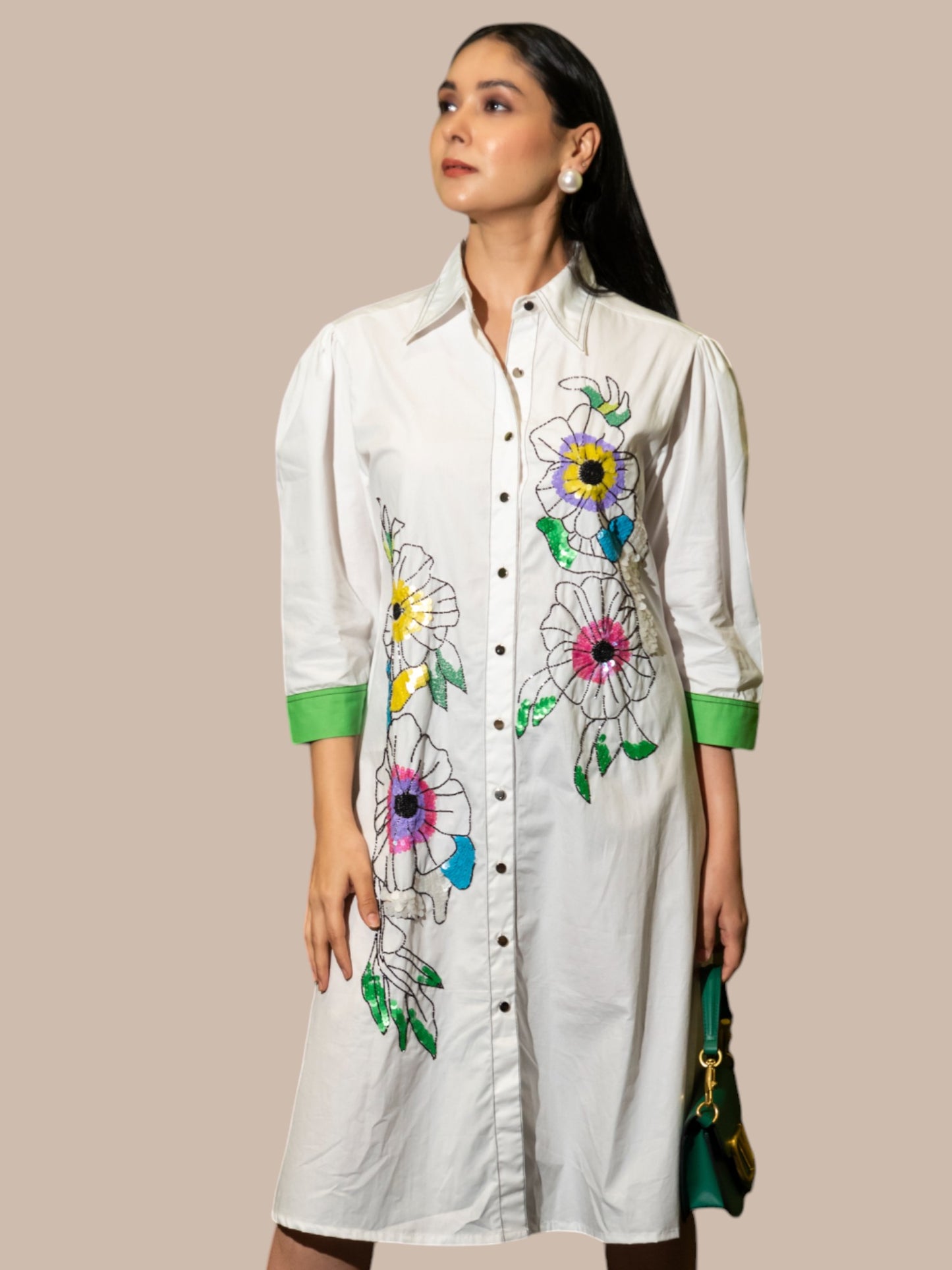 Channelling timeless charm in white shirt dress
