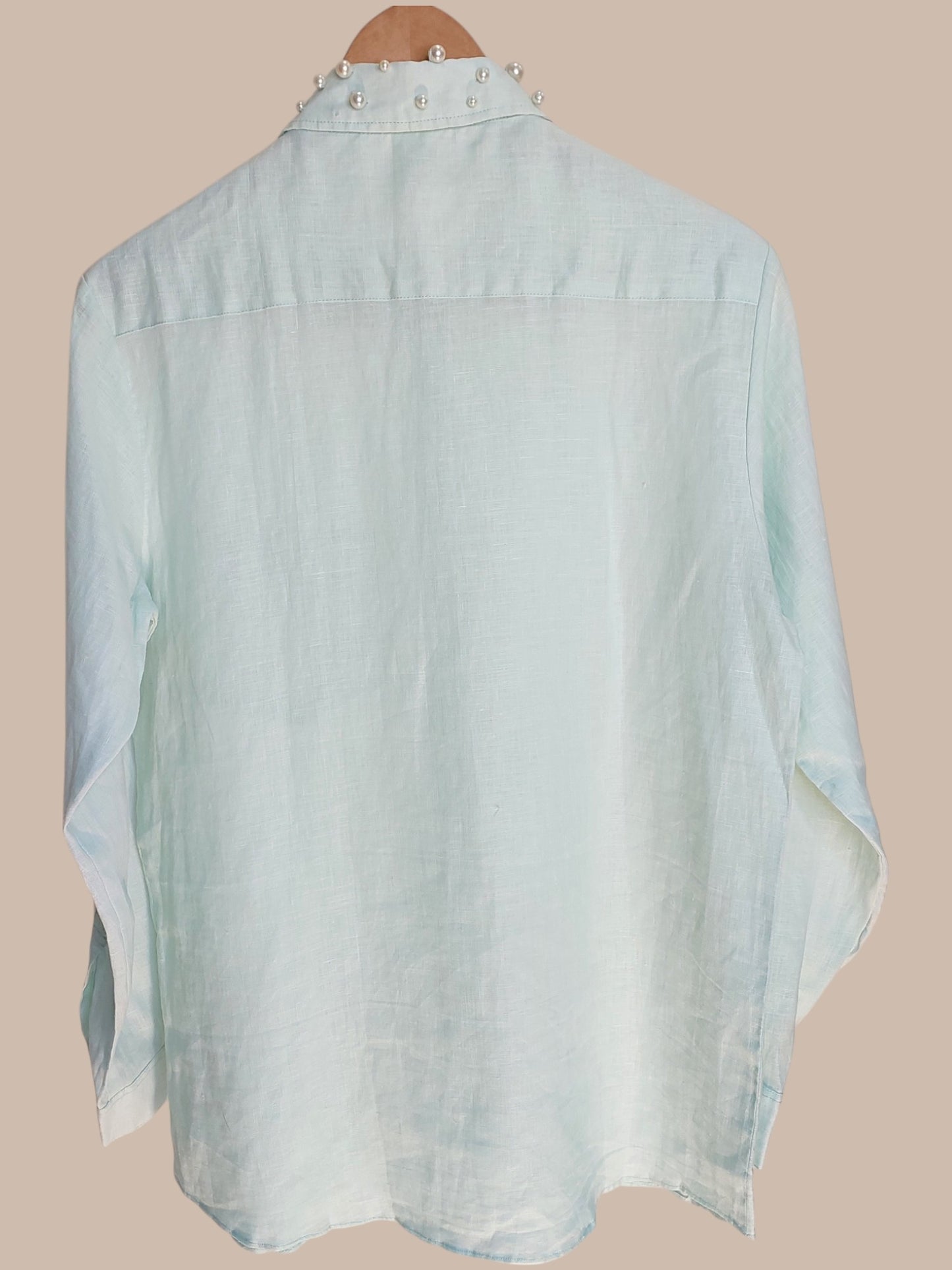 LINEN SEA GREEN PEARL COLLARED SHIRTS