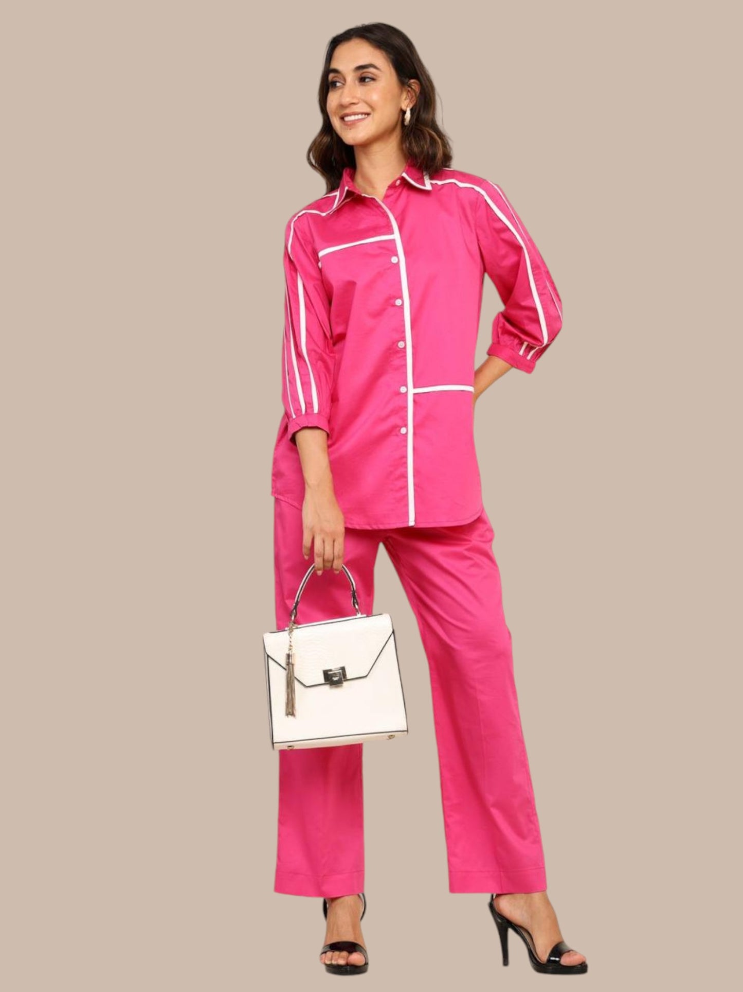 PINK WHITE BINDING DETAILING SHIRT PANT COORD SHIRT