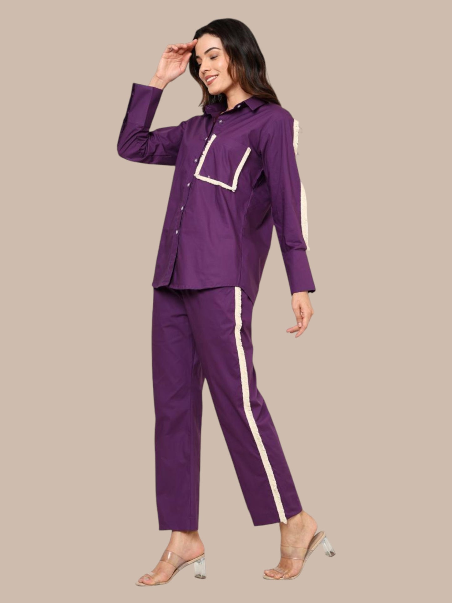 PURPLE SHIRT PANT COORDS SET WITH LACE DETAILING