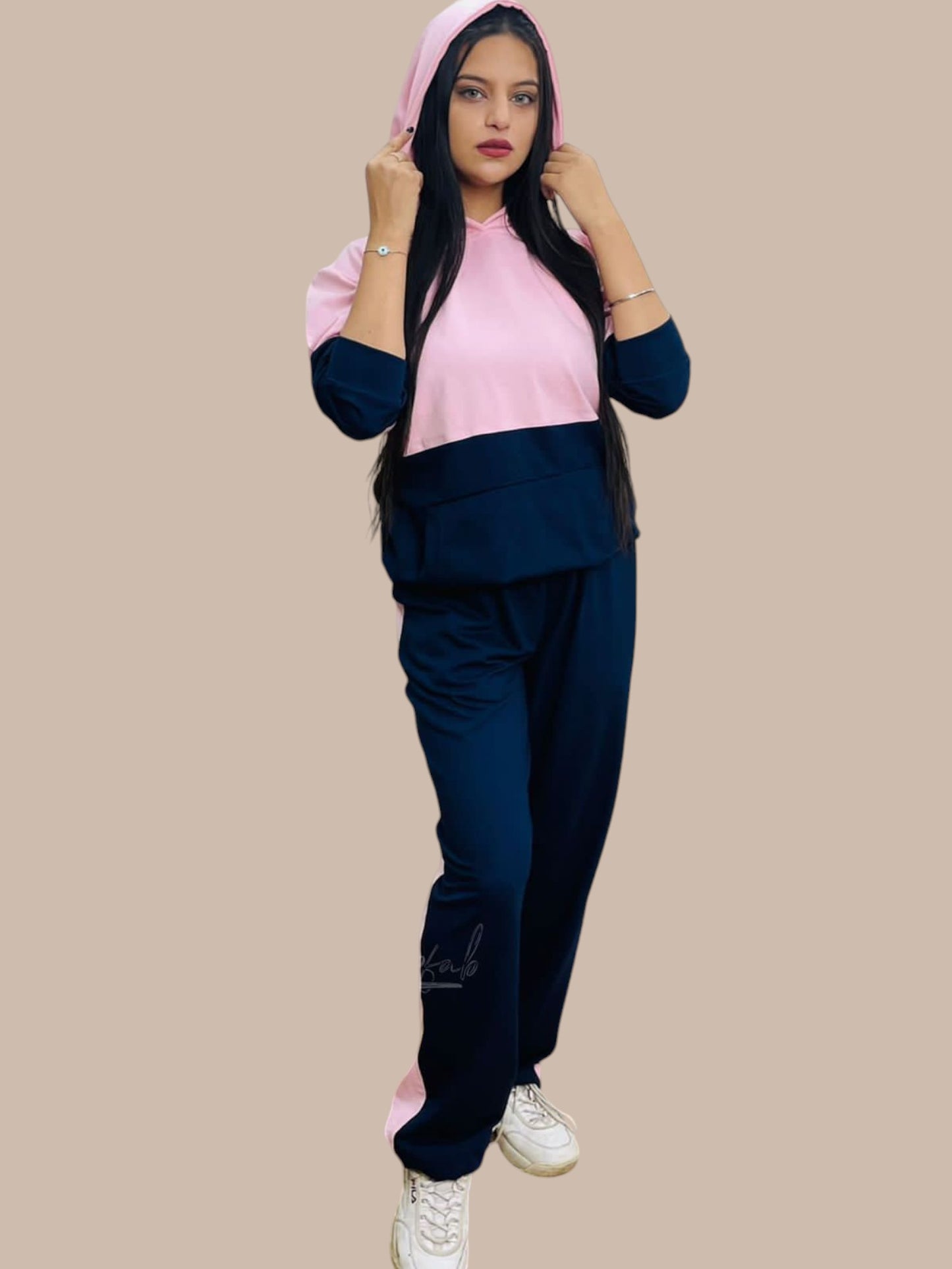 PINK NAVY BLOCK FLEECE HOODY CO-0RDS SET