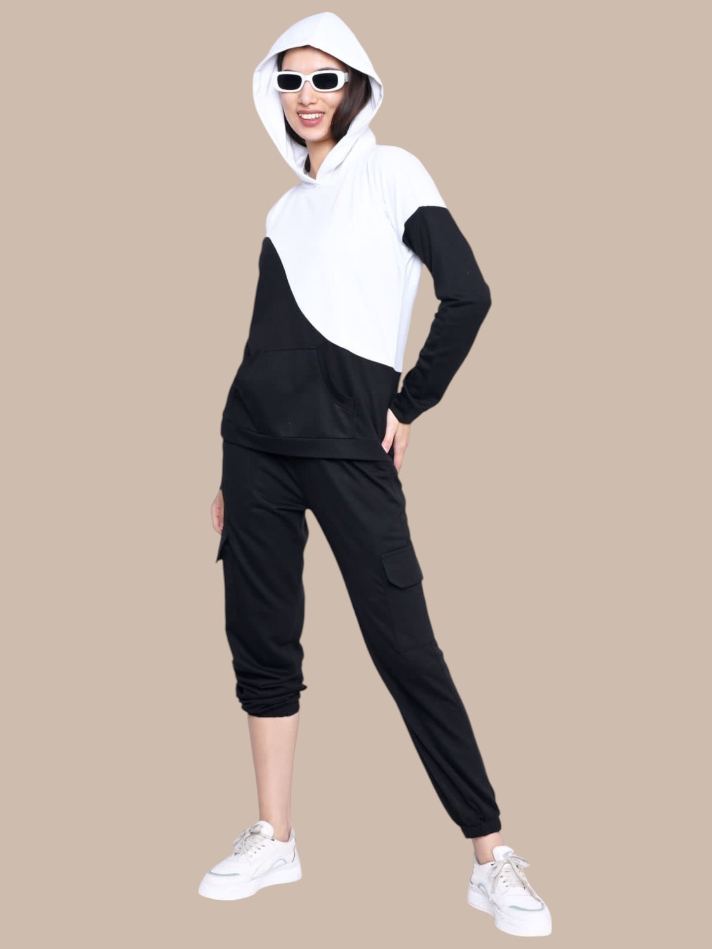 WHITE BLACK BLOCK FLEECE HOODY CO-0RDS SET