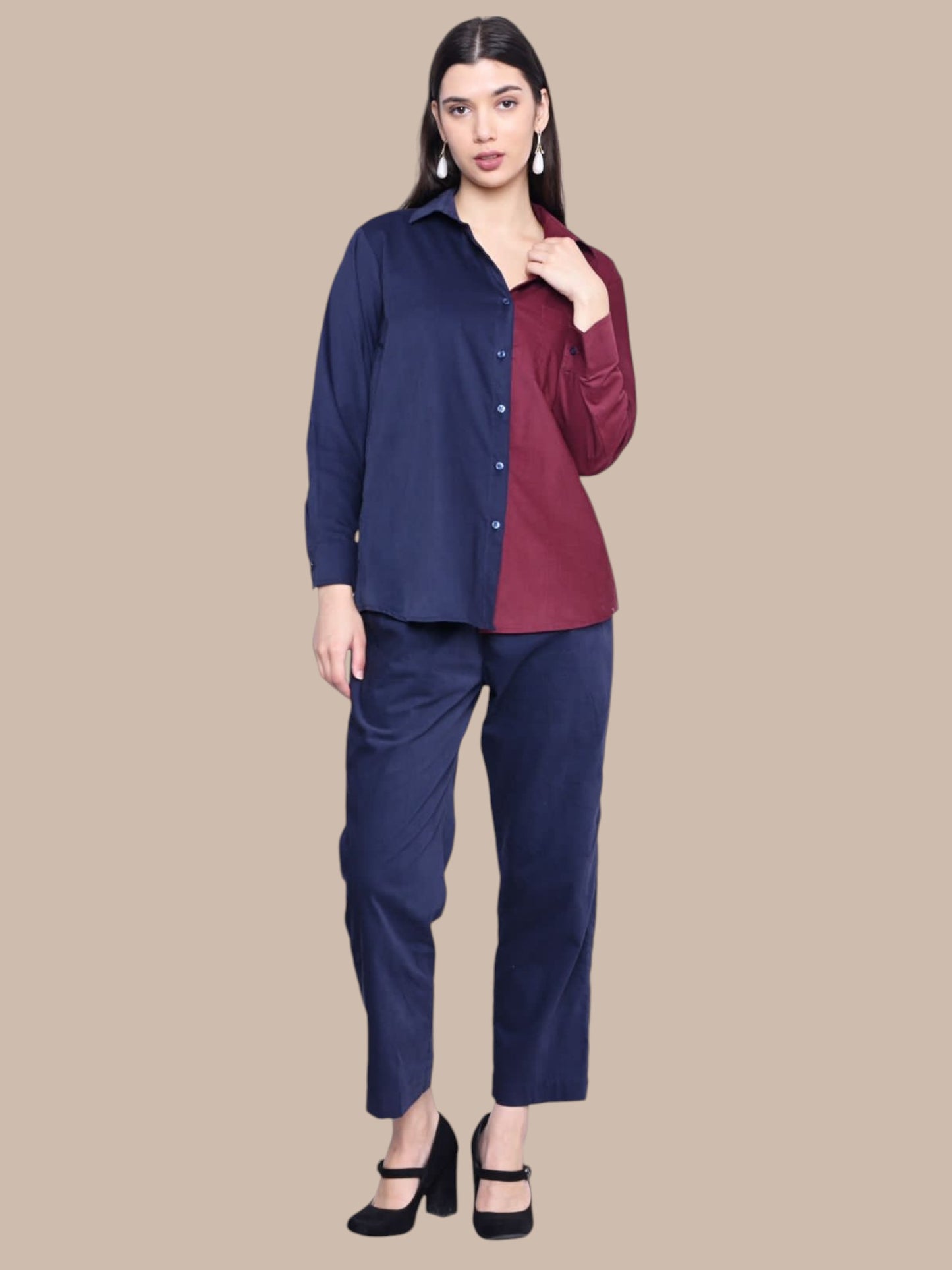 NAVY WINE COLOUR BLOCK CORDUROY SHIRT PANT CO-ORDS SET