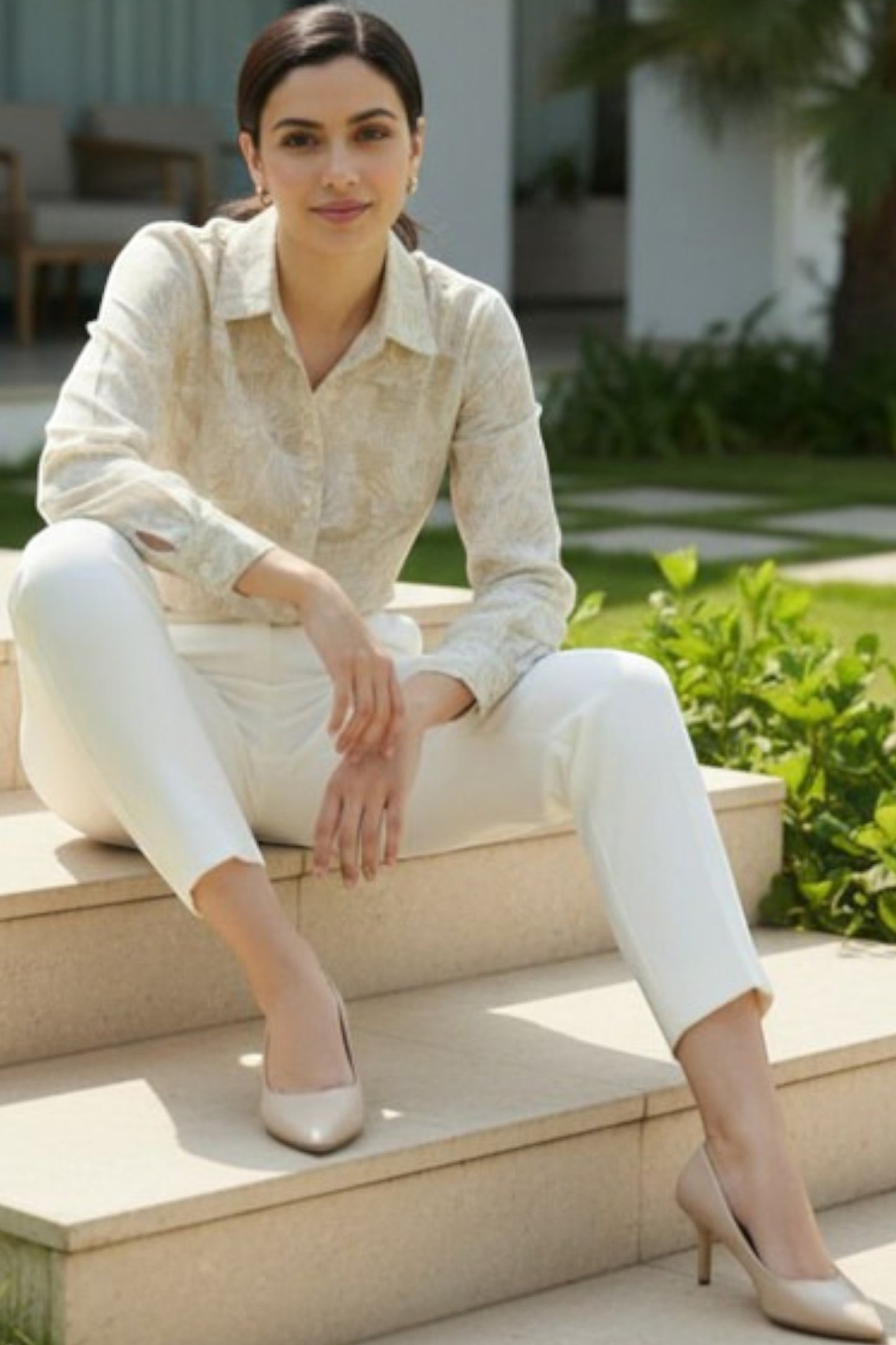 Sand Beige Leaf-Print Linen Shirt