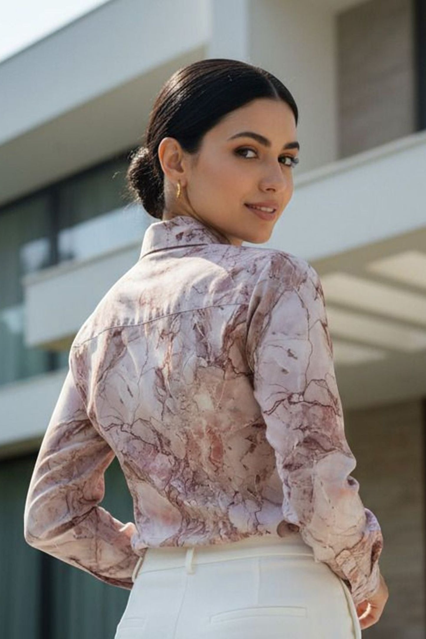 Rose Marble Print Satin Shirt