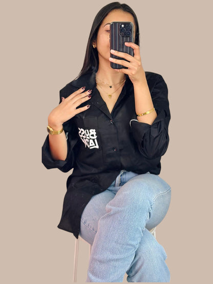 “Boss Lady” Black Cotton FullSleeves Shirt For Women