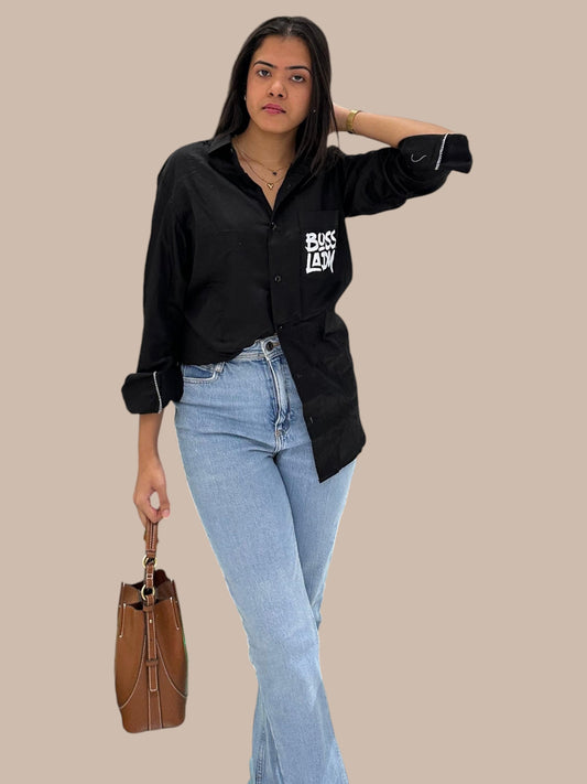 “Boss Lady” Black Cotton FullSleeves Shirt For Women