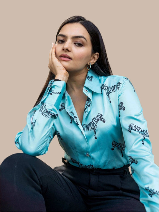 ZEBRA OUTLINE PRINTED SHIRT-AQUA