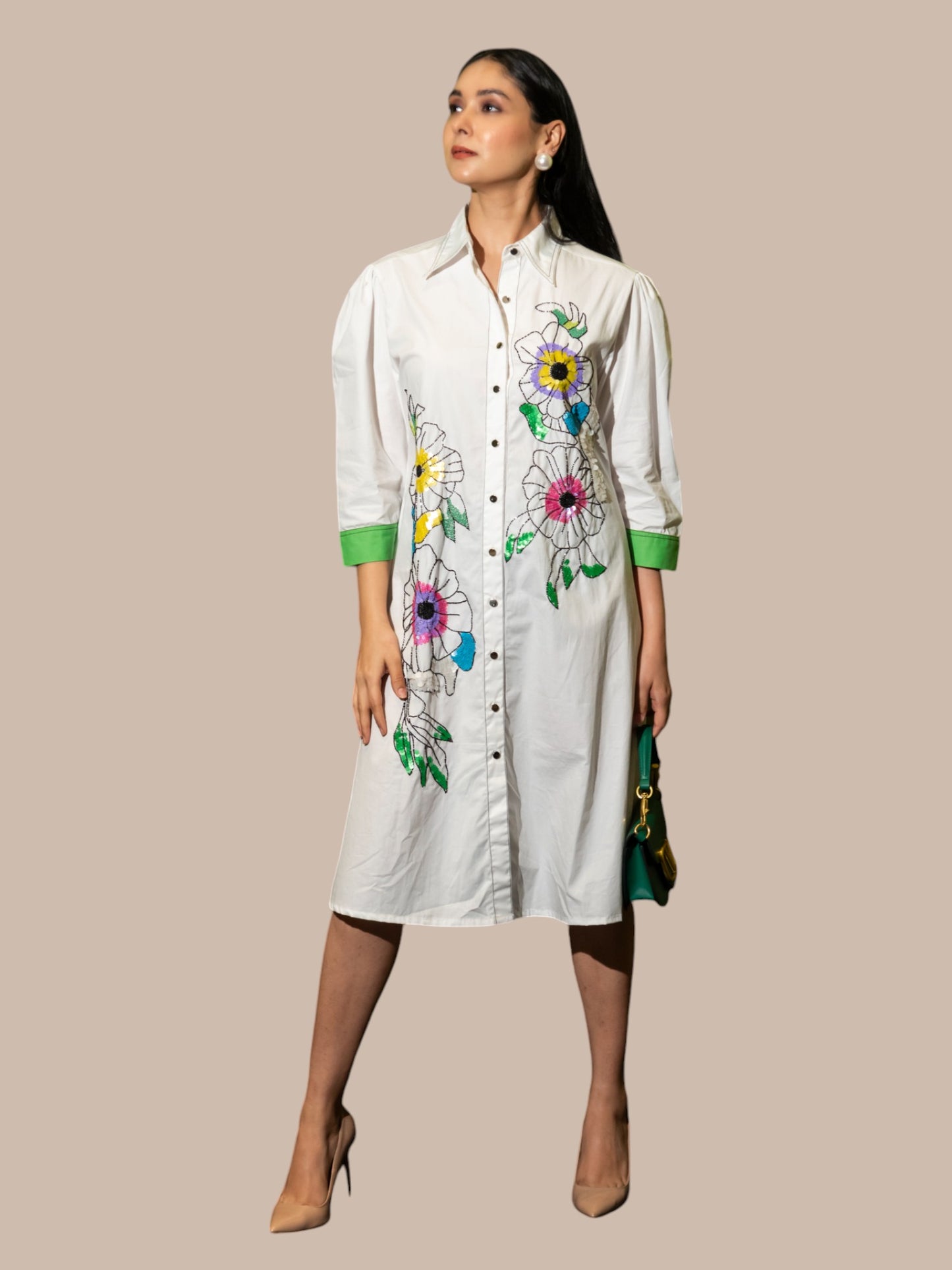 Channelling timeless charm in white shirt dress