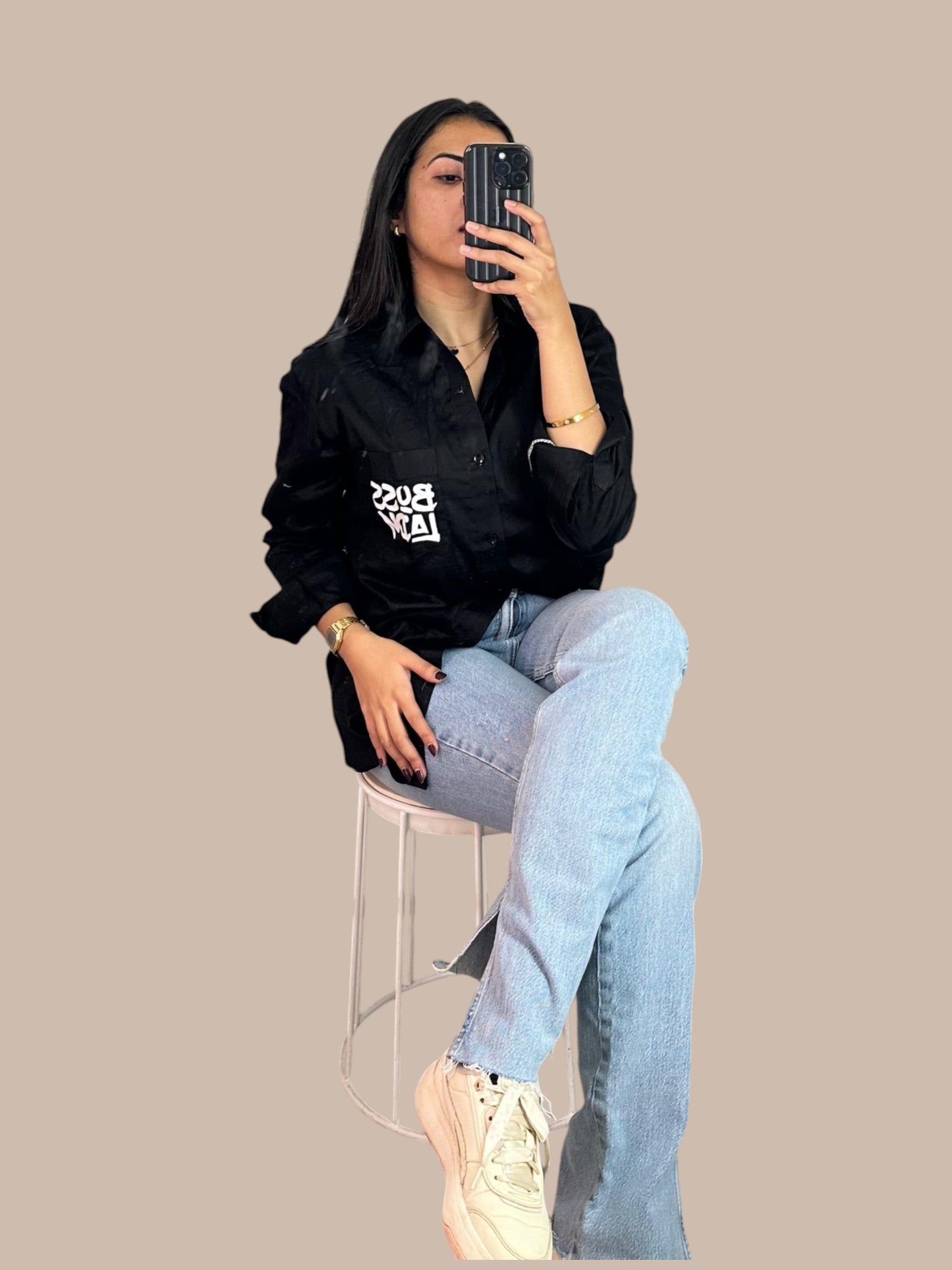 “Boss Lady” Black Cotton FullSleeves Shirt For Women