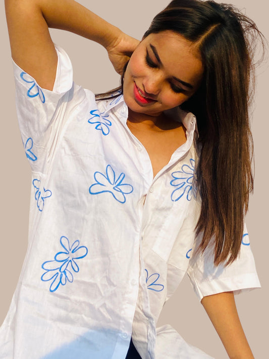 Indigo White Cotton Shirt For Women