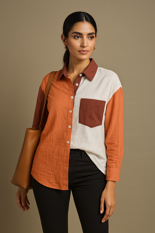 Orange Brown Pastel Patchwork Shirt