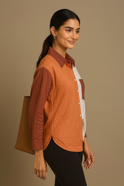 Orange Brown Pastel Patchwork Shirt