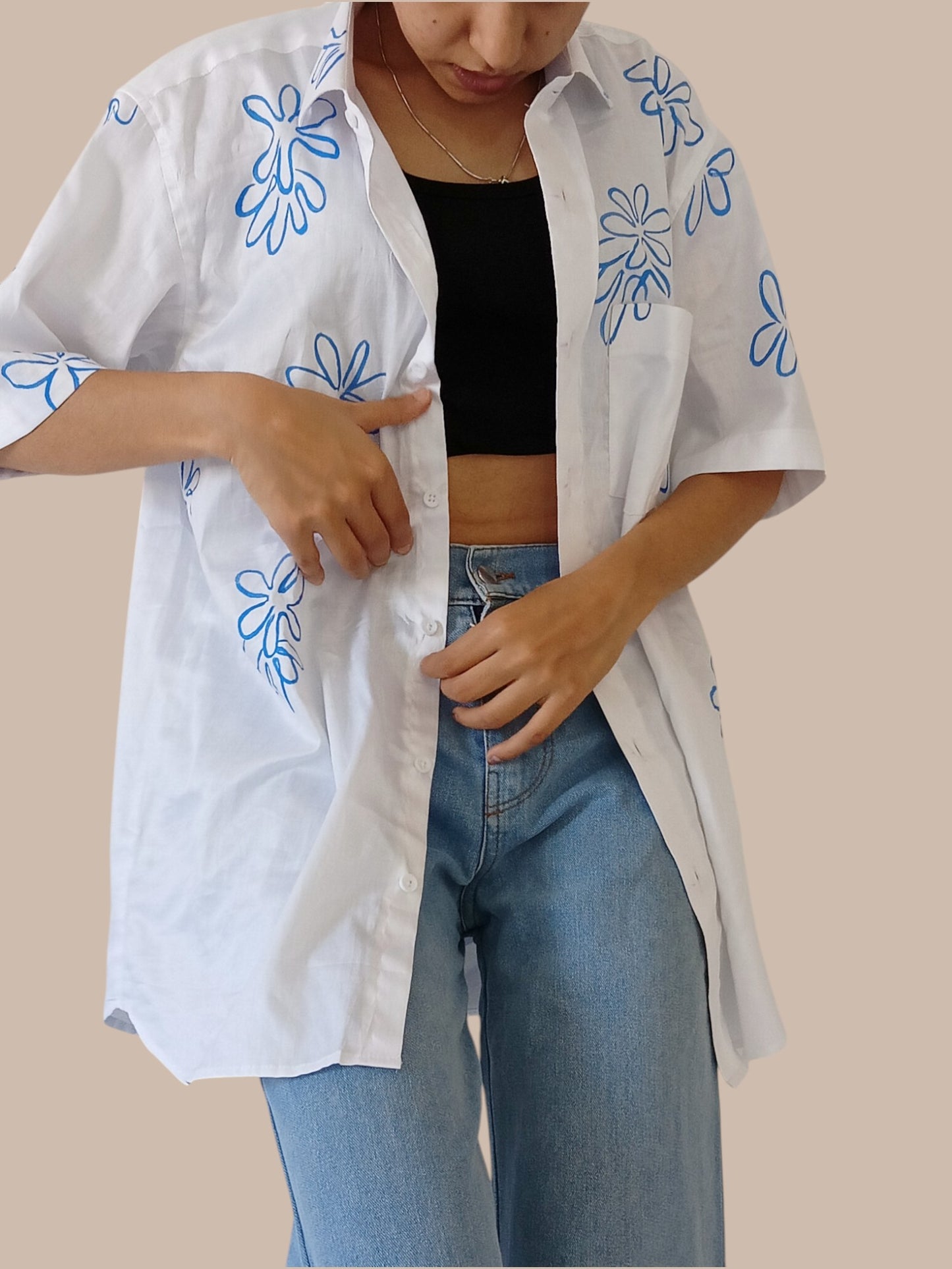 Indigo White Cotton Shirt For Women