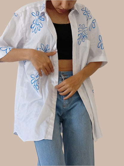 Indigo White Cotton Shirt For Women