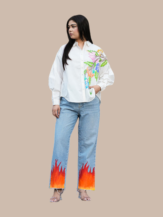 WHITE HAND PAINTED FLORAL SHIRT