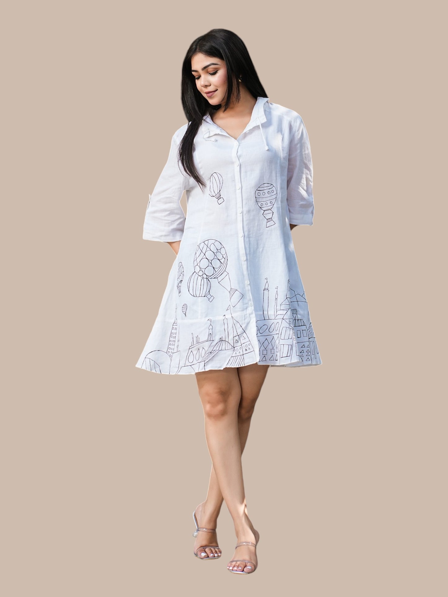 WHITE HAND PAINTED SHIRT DRESS
