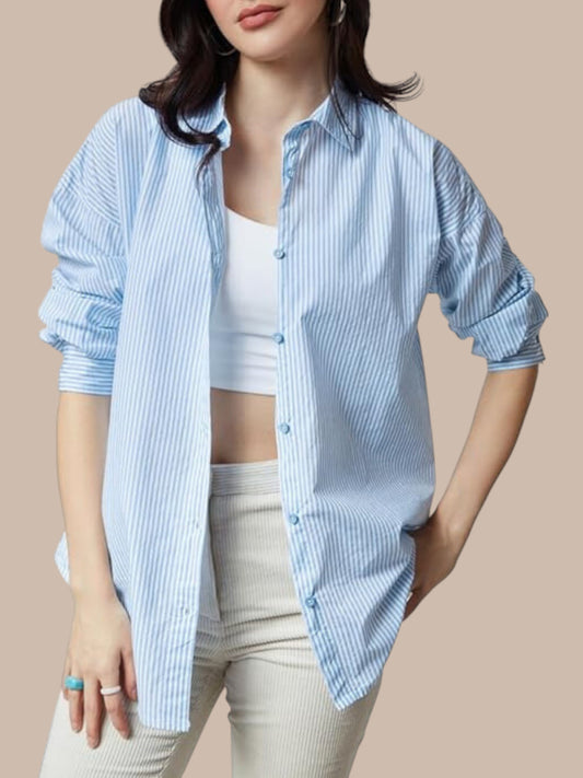 Blue Striped Boyfriend Shirt With out pocket