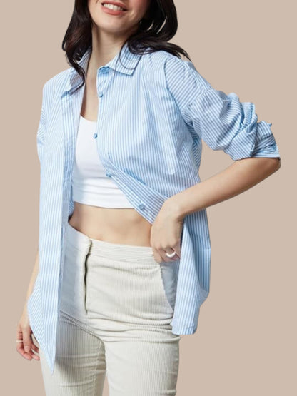 Blue Striped Boyfriend Shirt With out pocket