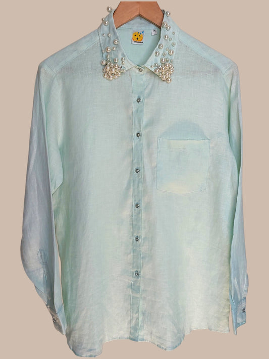 LINEN SEA GREEN PEARL COLLARED SHIRTS