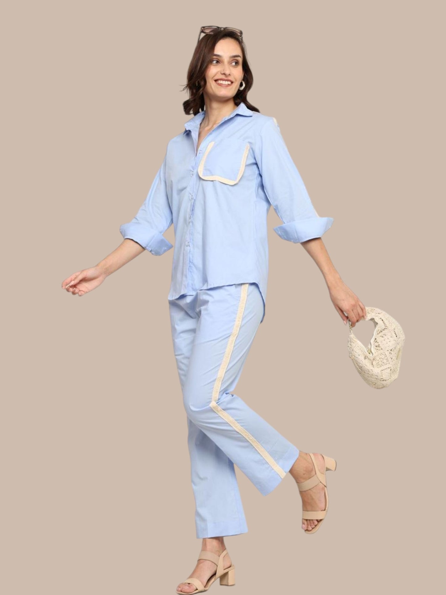 LIGHT BLUE SHIRT PANT CO ORD SET WITH LACE DETAILING