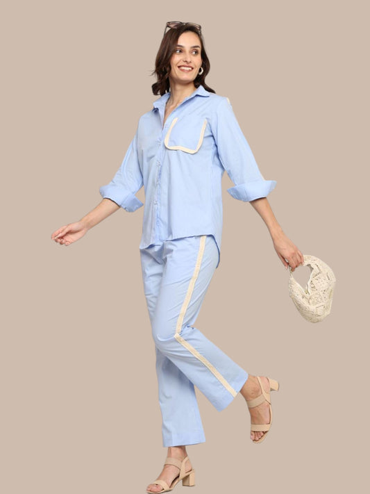 LIGHT BLUE SHIRT PANT CO ORD SET WITH LACE DETAILING