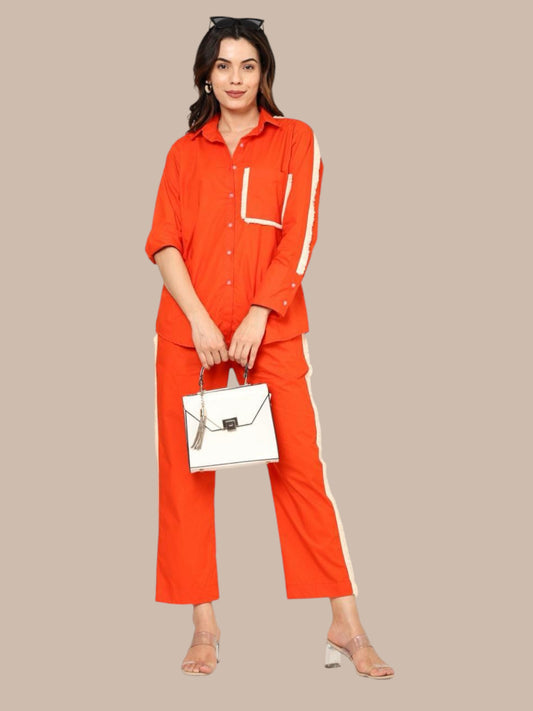 ORANGE SHIRT PANT COORDS SET WITH LACE DETAILING