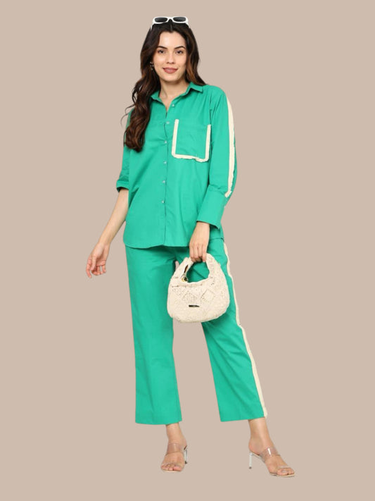 GREEN WHITE BINDING DETAILING SHIRT PANT COORD SET