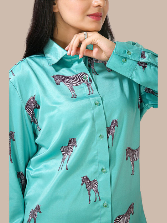 AQUA GREEN ZEBRA PRINTED SHIRT
