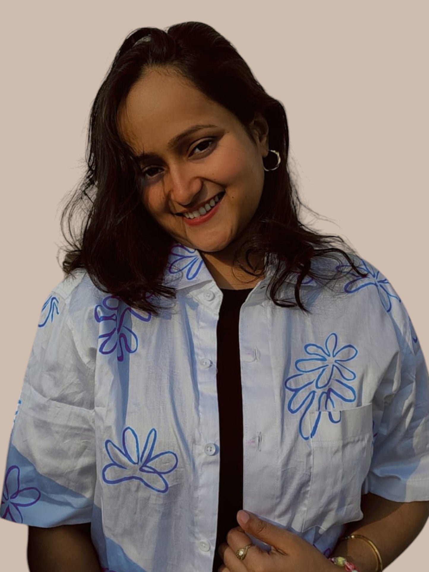 Indigo White Cotton Shirt For Women