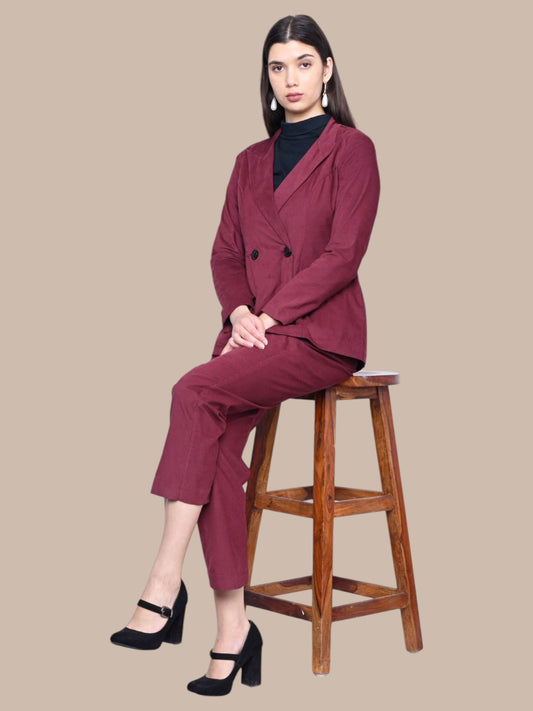 Maroon Corduroy Blazer Pant Set