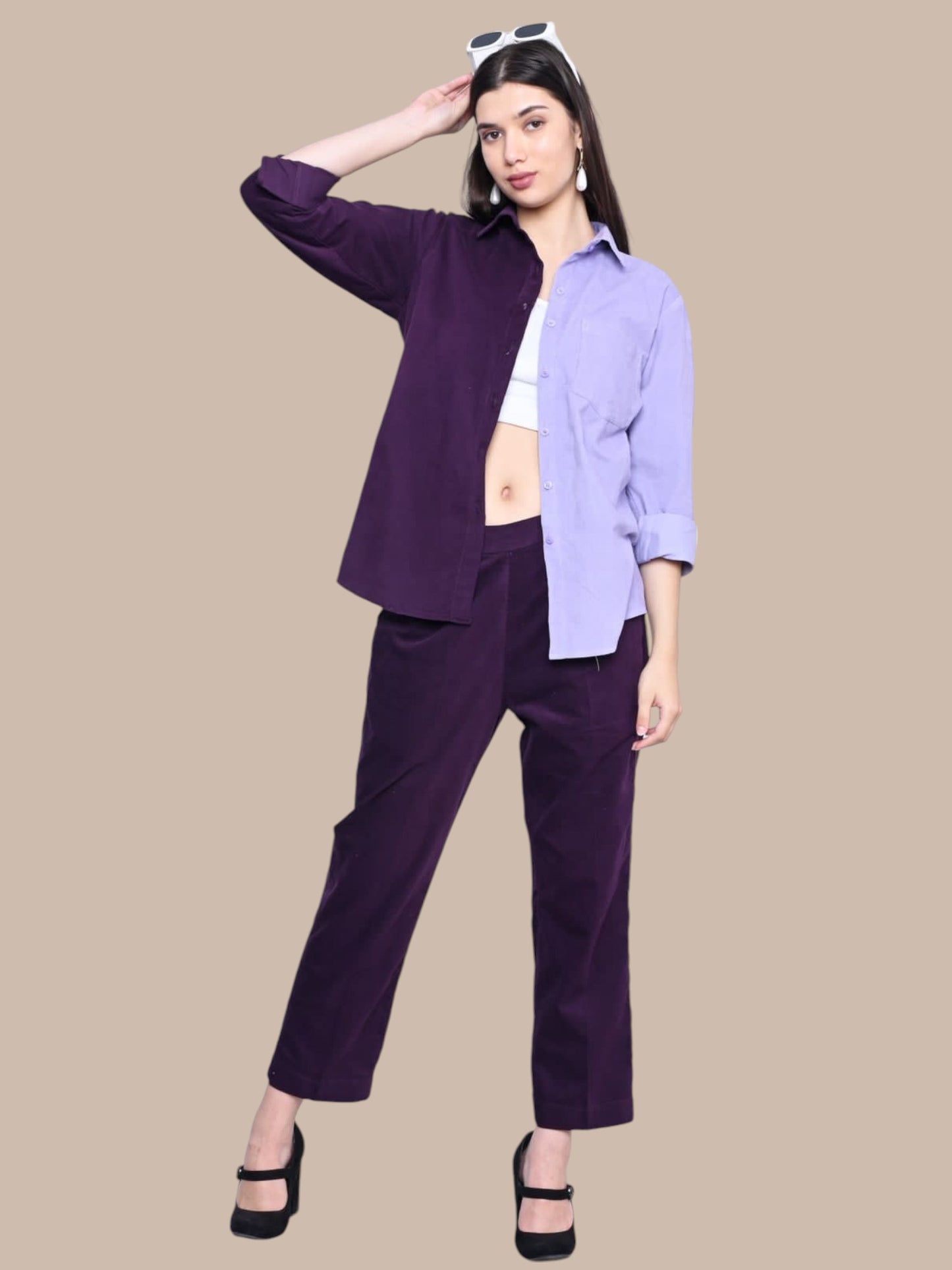 PURPLE BLOCK CORDUROY SHIRT PANT CO-ORDS SET