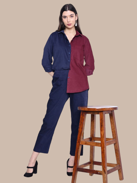 NAVY WINE COLOUR BLOCK CORDUROY SHIRT PANT CO-ORDS SET