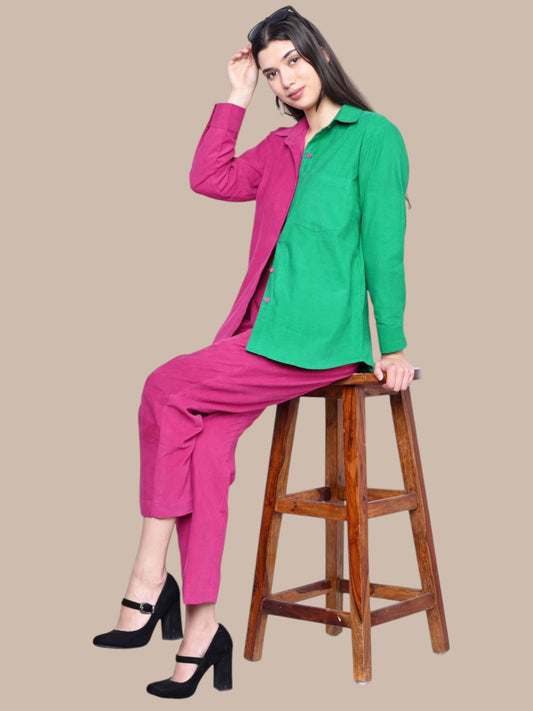 PINK GREEN BLOCK CORDUROY CO-ORDS SET