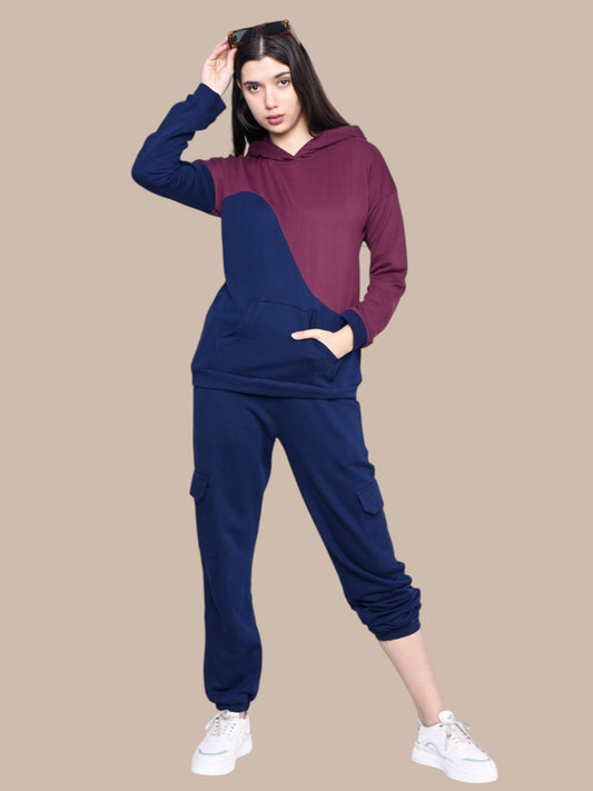 WINE NAVY BLOCK FLEECE HOODY CO-0RDS SET