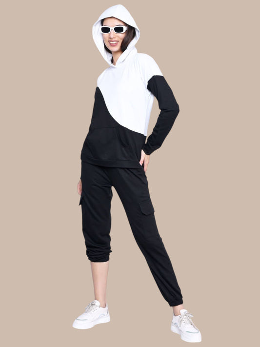WHITE BLACK BLOCK FLEECE HOODY CO-0RDS SET
