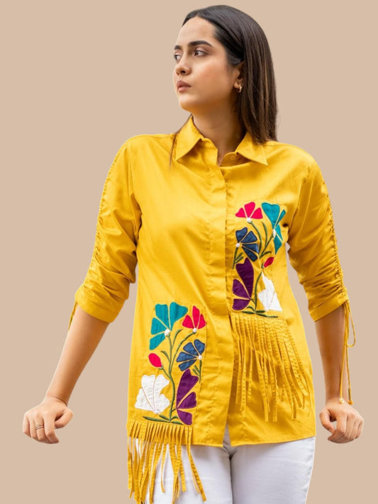 Yellow colourful patch embroidery shirt with tie up sleeves