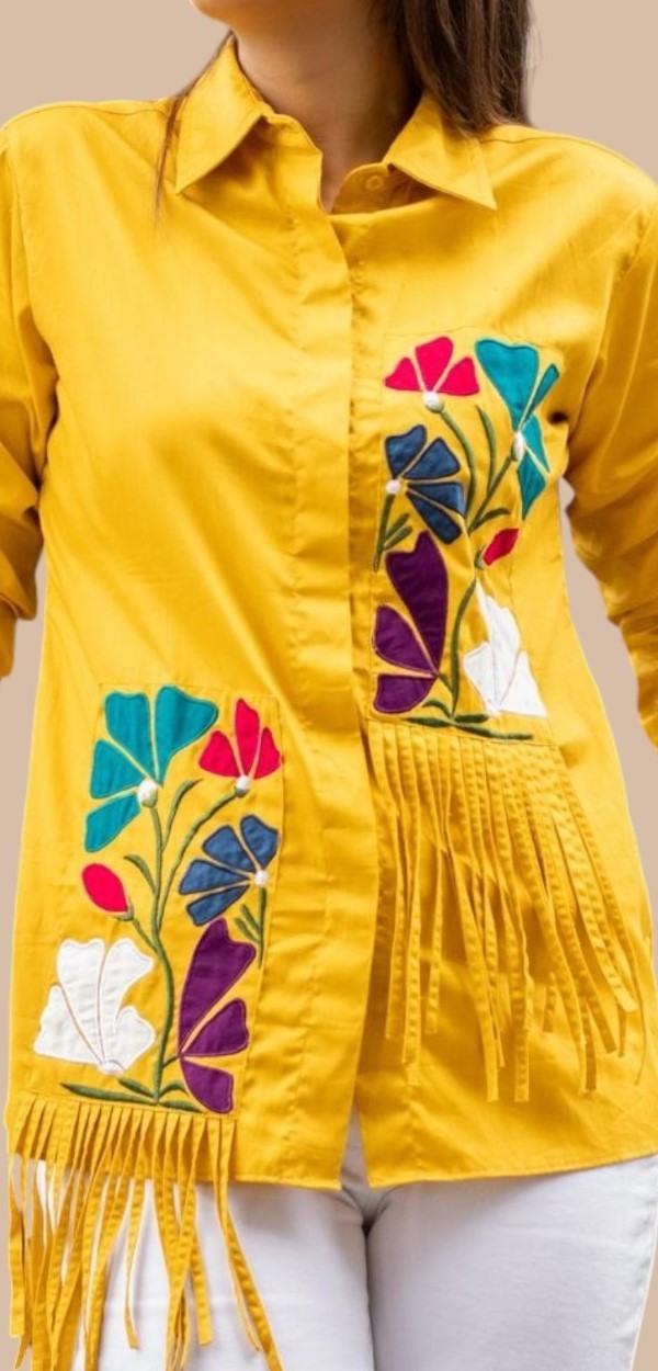 Yellow colourful patch embroidery shirt with tie up sleeves