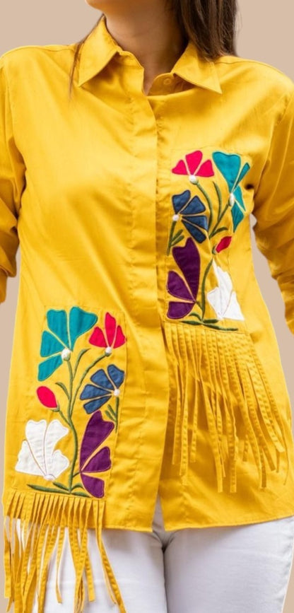 Yellow colourful patch embroidery shirt with tie up sleeves