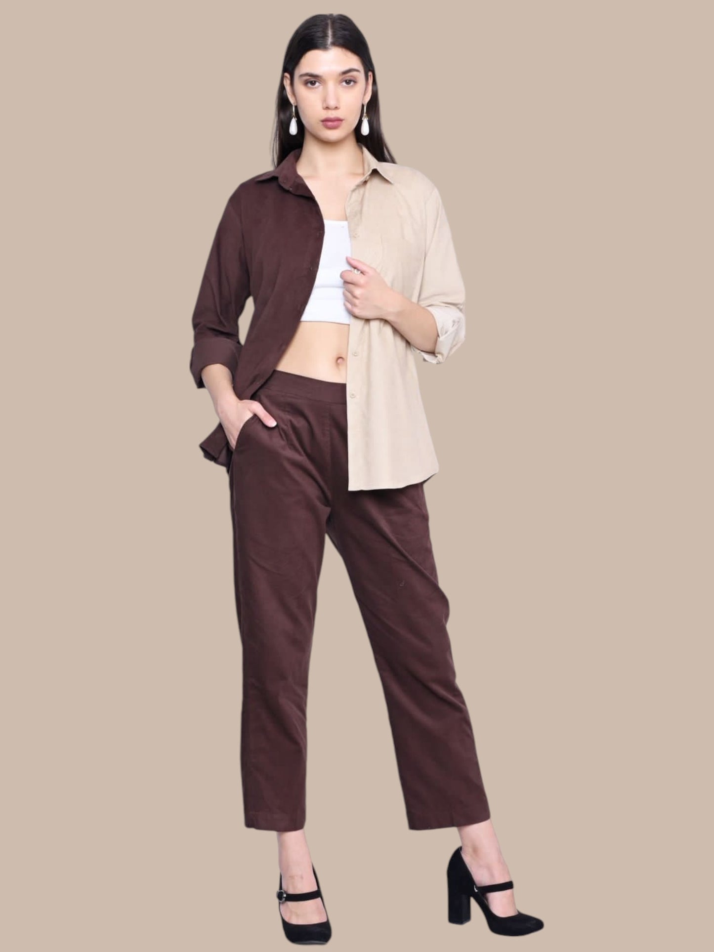 BROWN BEIGE BLOCK CORDUROY CO-ORDS SET