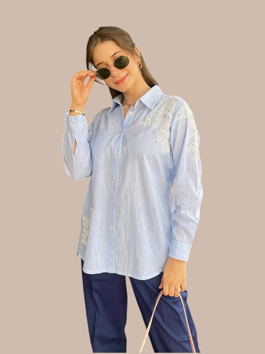 EMBROIDERED SELF STRIPE SHIRT