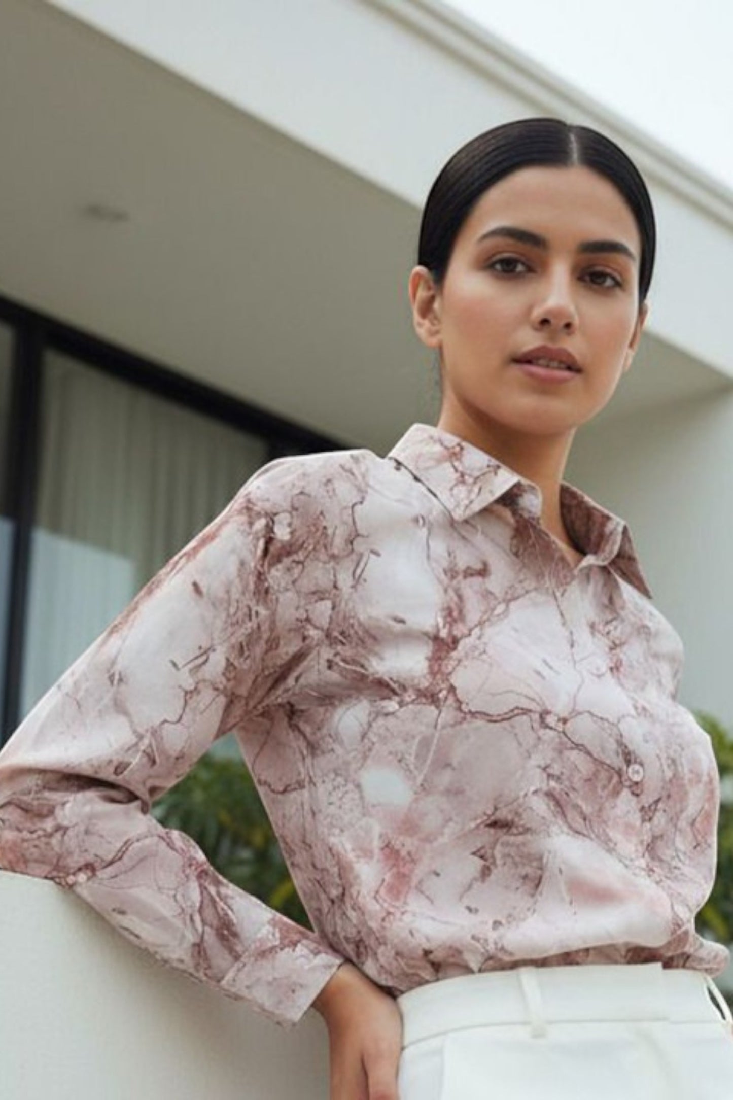 Rose Marble Print Satin Shirt