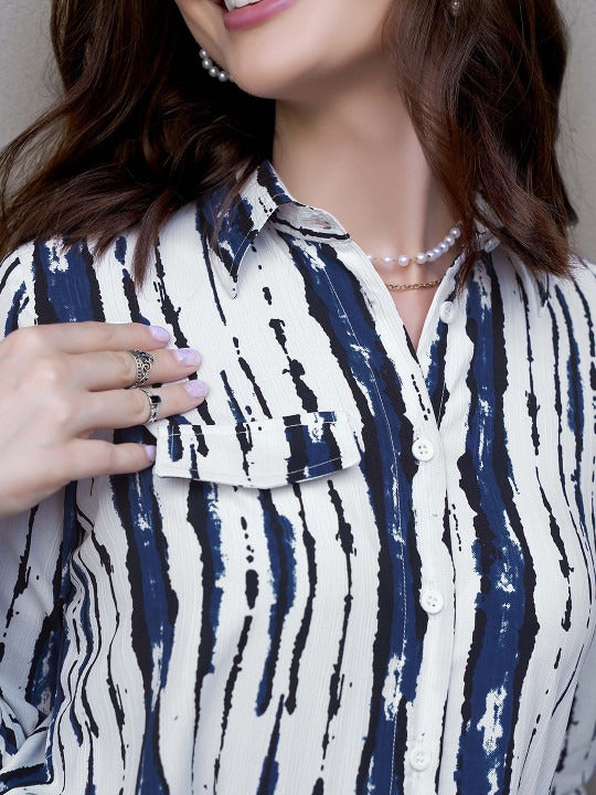 White & Navy Abstract Stripe Shirt
