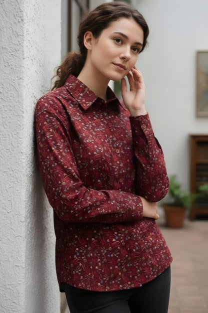 Burgundy Micro-Floral Satin Shirt
