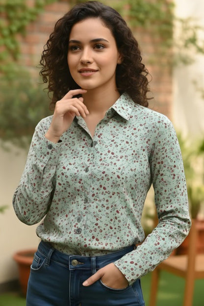 Mint Floral Print Casual Shirt