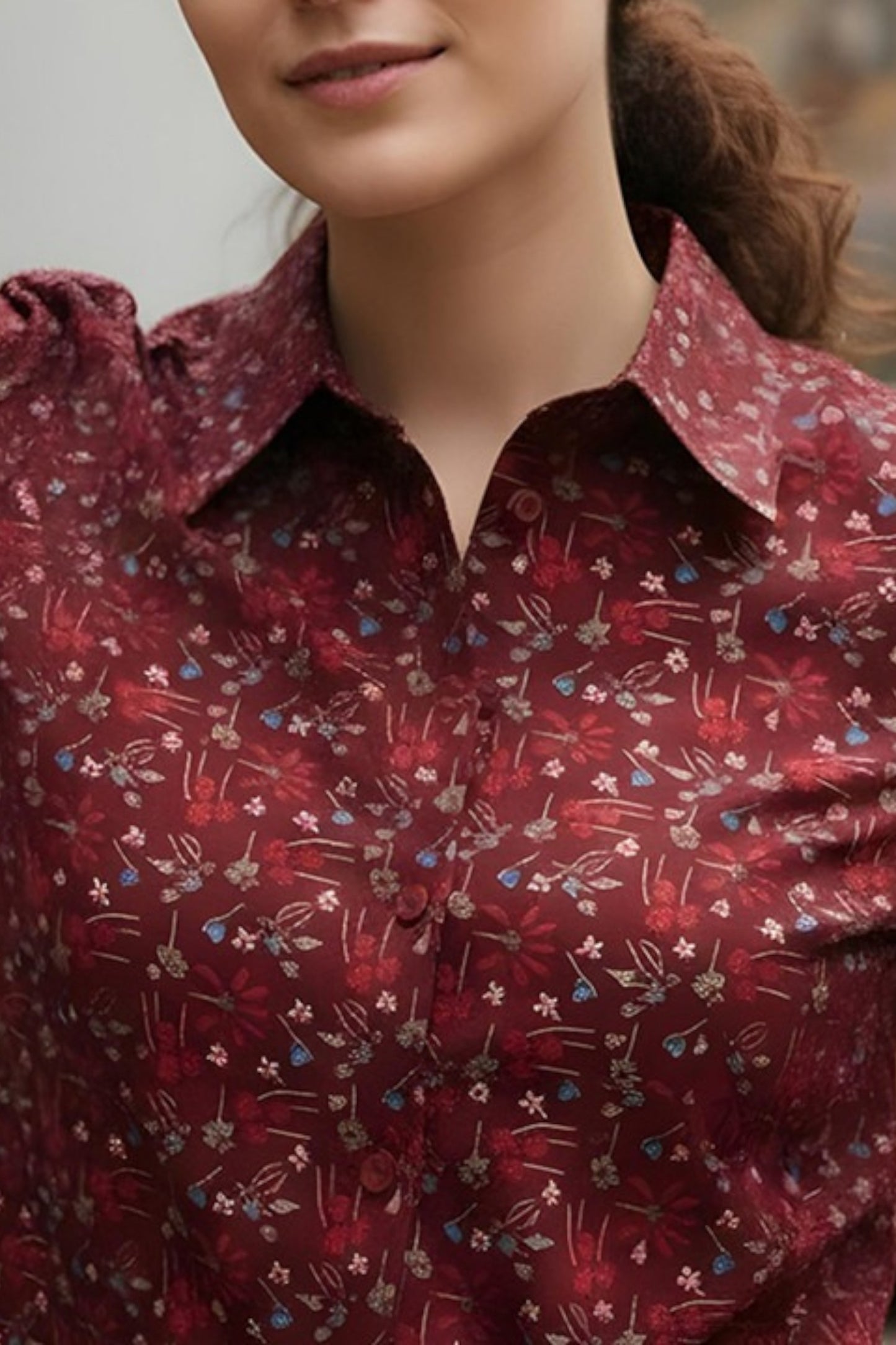 Burgundy Micro-Floral Satin Shirt
