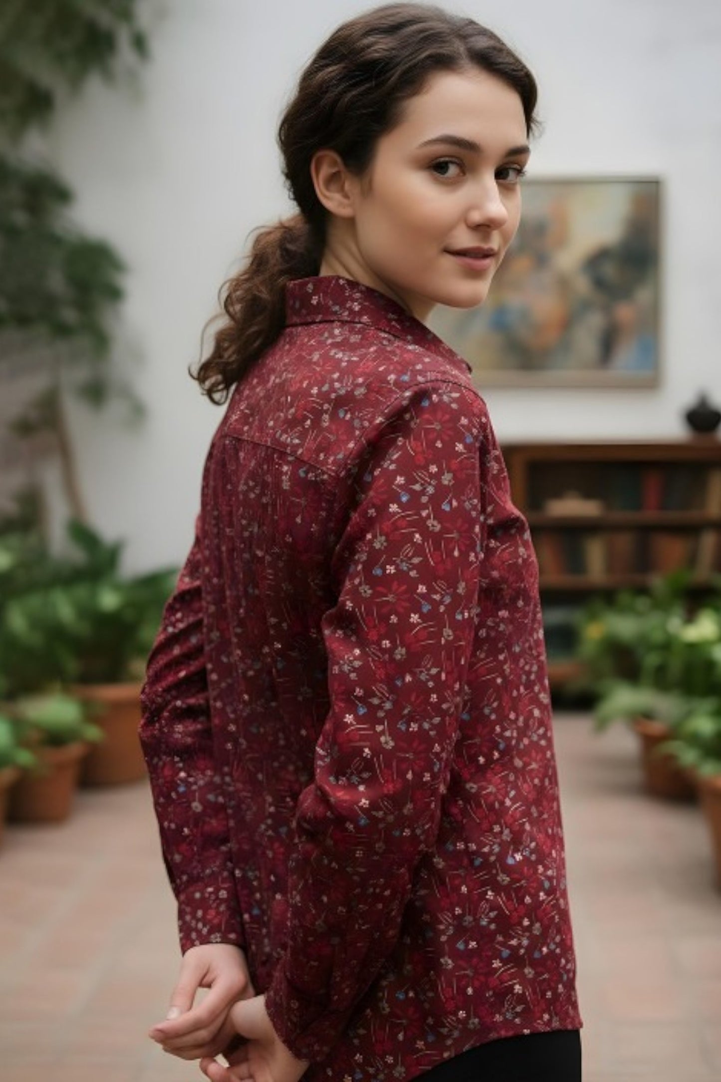 Burgundy Micro-Floral Satin Shirt