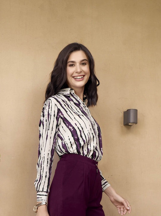 White & Purple Abstract Stripe Shirt