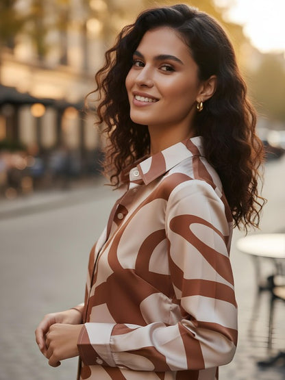 Café Mocha Swirl Print Satin Shirt