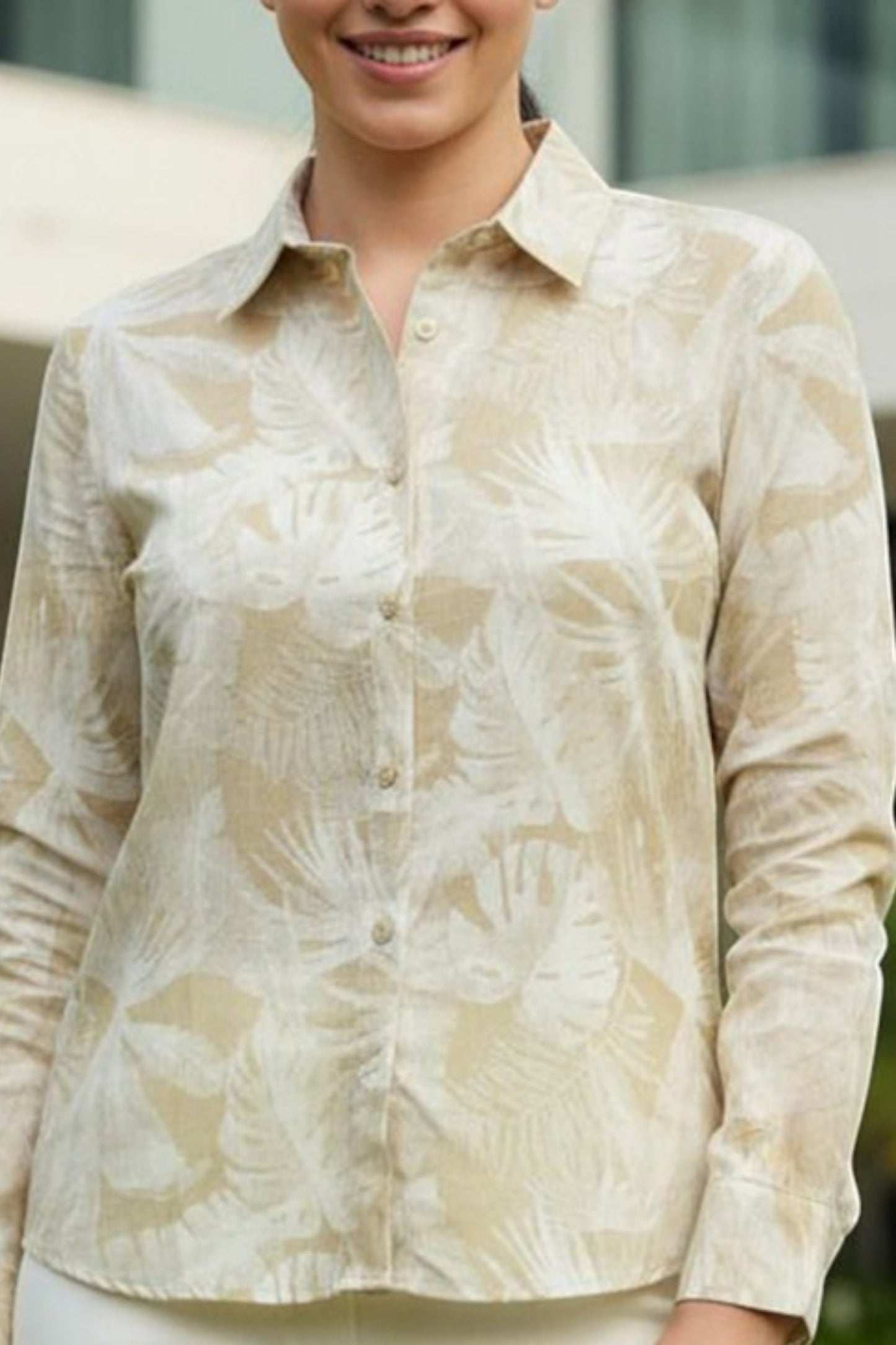 Sand Beige Leaf-Print Linen Shirt